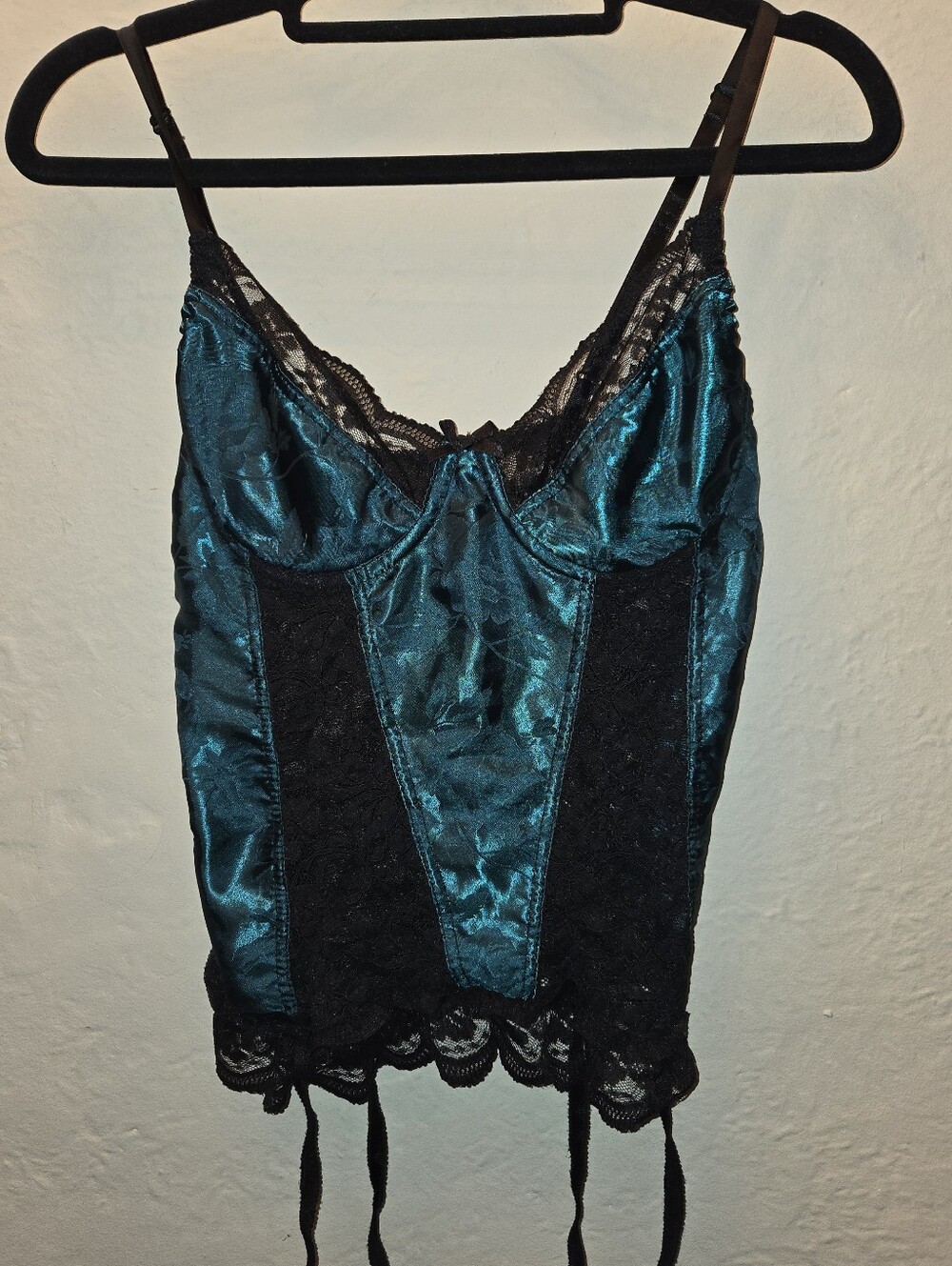 Vintage Emerald Satin Lace Bustier Camisole Corset Top w Garters Made in Canada